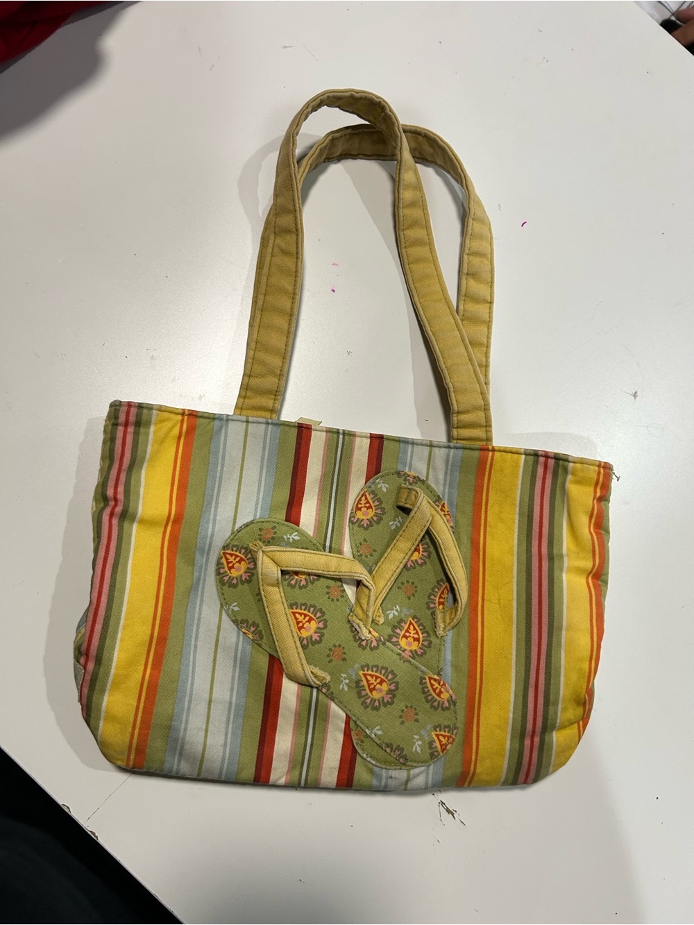 Vintage Longaberger Striped Yellow & Green Tote Bag with Flip-Flop Accent